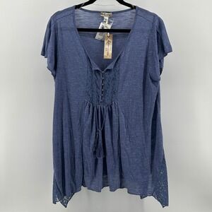 World Unity Blue Lace Trim Sharkbite Hem Boho Top Plus 1X NWT Romantic Cottage